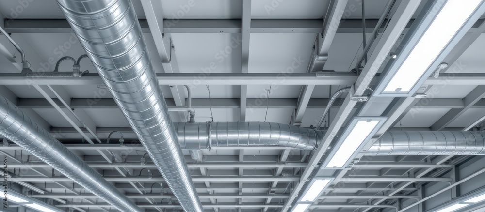 Fototapeta premium Industrial ventilation system with metal ducts and pipes on a factory ceiling.