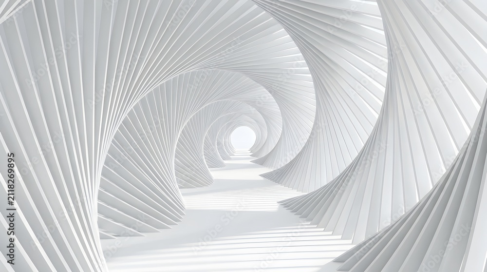 Obraz premium Abstract white background with a spiral tunnel effect created by repeating lines and soft lighting for modern design
