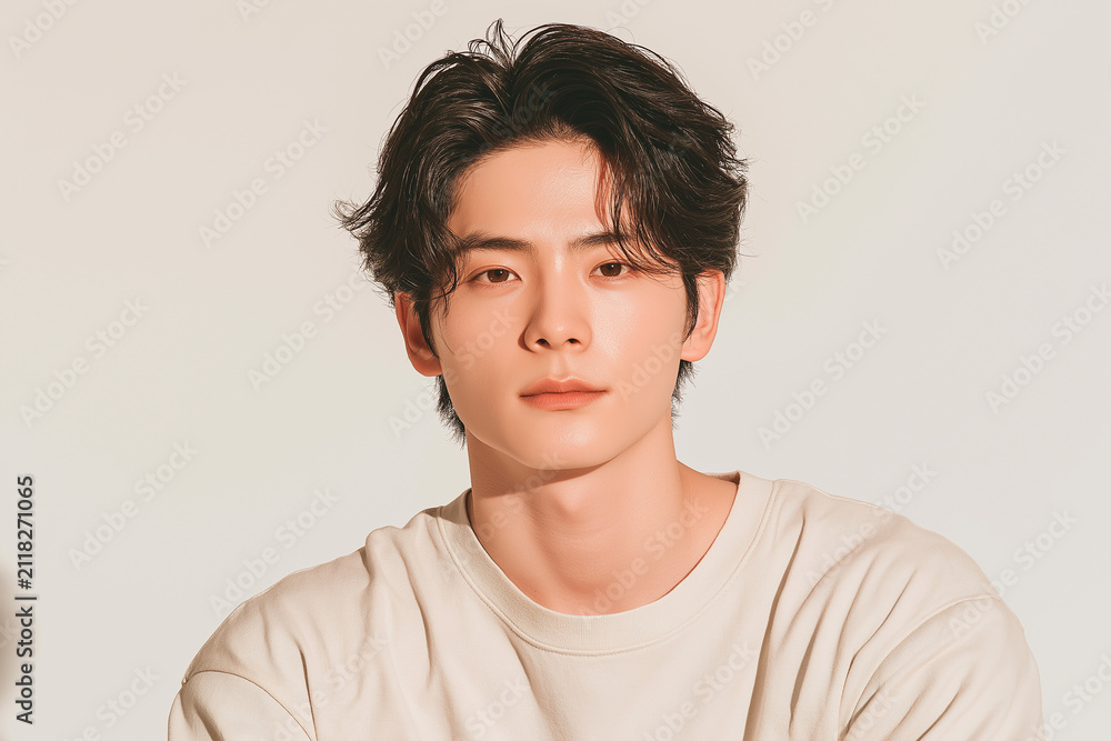 Fototapeta premium 美容, 男性, メンズ美容, スキンケア, 化粧品, メンズコスメ, 若い男性, 美肌, アジア人, 日本人, フェイシャル, メンズメイク, 美容液, 保湿, クリーム, エイジングケア, 美容医療, メンズエステ, 美容クリニック, 肌ケア, ナチュラルメイク, 透明感, ツヤ肌, 清潔感, モデル, ポートレート, クローズアップ, ハンサム, 中性的, 韓国風, ヘアスタイル, メンズヘア