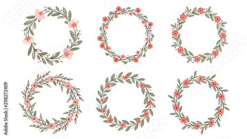 2026 Collection of Six Elegant Floral Wreaths  Delicate Pink Blossoms and Green Leaves Arranged in Circular Botanical Frames on a Pure White Background