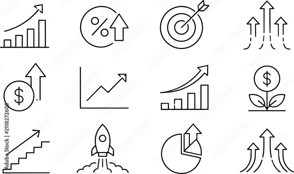 Fototapeta premium Business Growth Success Finance Data Strategy Outline Icons Set