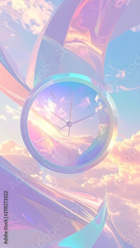 Surreal pastel clock floating amidst dreamy clouds and iridescent light waves in a fantasy sky