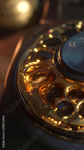 Close-up of a vintage golden rotary telephone dial with warm lighting and reflections in a retro setting