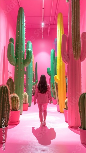Woman in pink outfit walking through a surreal art installation with giant colorful cacti in a vibrant pink room