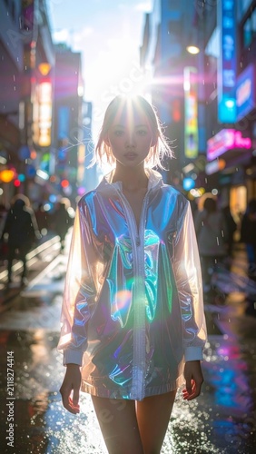 A stylish young woman standing on a wet urban street during a vibrant sunset with glowing neon lights reflecting on the pavement in a cinematic atmosphere