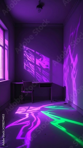 Empty room with a desk and chair illuminated by vibrant purple and green neon laser light projections creating abstract patterns