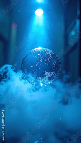 Floating glass sphere illuminated by a blue spotlight amid thick smoke