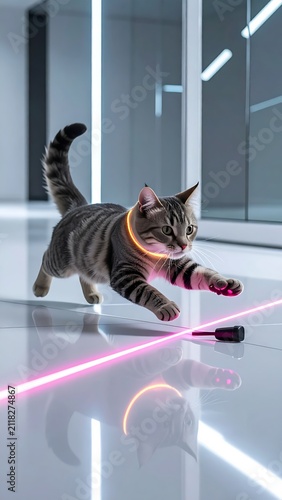 A playful tabby cat chasing a vibrant neon laser beam in a futuristic modern interior hallway setting