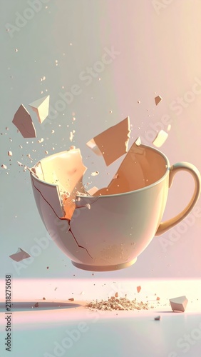 A delicate white ceramic coffee cup shattering into scattered shards against a soft ethereal gradient studio lighting background