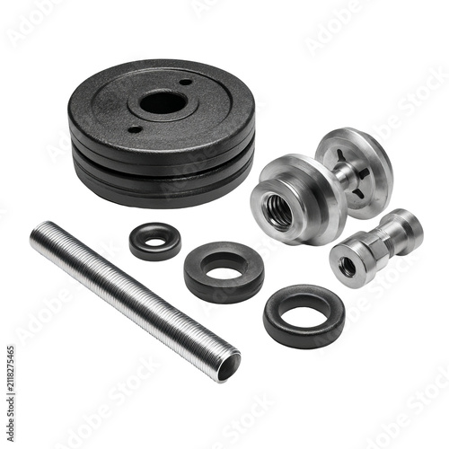 Collection of gym equipment components, including weights, bar, and metal parts. Still life on black