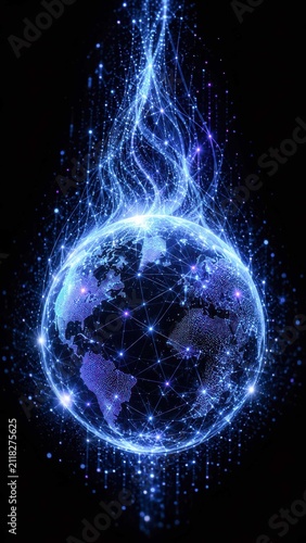 Digital globe illuminated with blue light, representing global network and data transmission. Abstract streams of light emanate from the planet, suggesting connection and technology