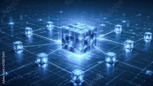 A glowing central cube connected by lines to surrounding cubes, symbolizing a digital network or blockchain. The scene is illuminated by a vibrant blue light.
