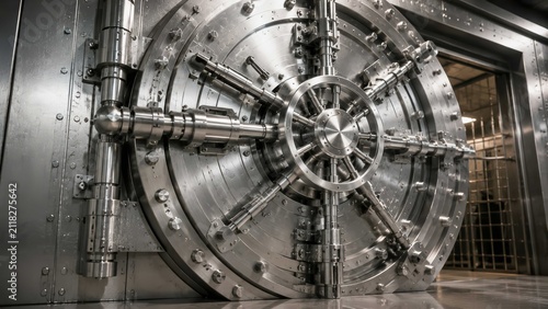 A massive, circular vault door made of steel, with a complex locking mechanism and industrial details