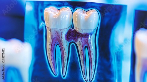 Digital 3D Illustration of Dental Decay and Infection Between Two Molars Showing Root Damage and Gum Inflammation