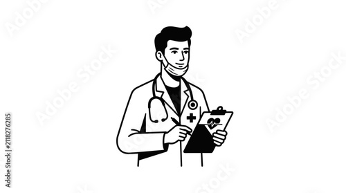 Quadro su tela Doctor holding a medical clipboard and wearing a stethoscope appears in a clean black and white line drawing