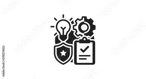 Lightbulb icon paired with a mechanical gear and a clipboard represents innovative project management and strategic planning.