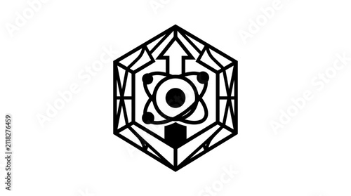 Foto Atom icon encased in a geometric hexagon frame represents scientific innovation and technological advancement
