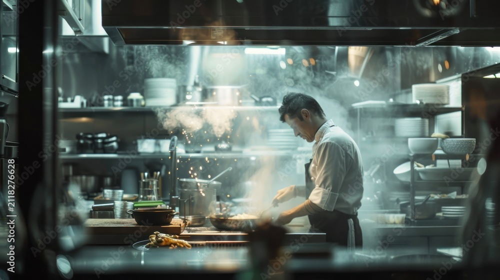 Fototapeta premium Chef in commercial kitchen prepares food with steam and ambient lighting