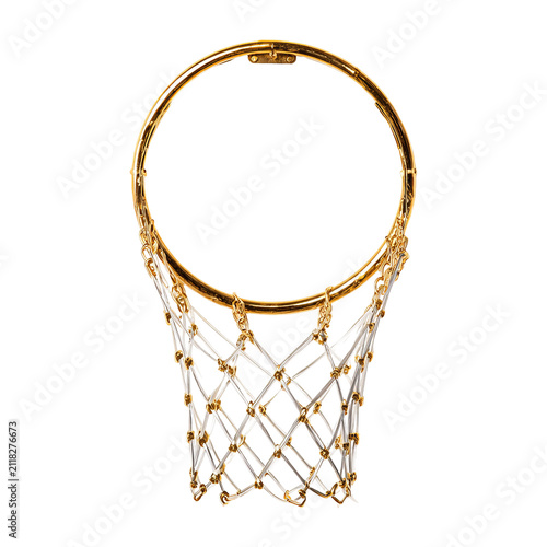 Overhead shot of a gold-rimmed basketball hoop with a white net against a stark black background