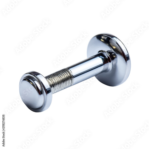 Shiny chrome metal bolt, isolated on black, cylindrical, screw thread visible, with large circular head on either end