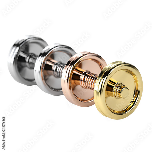 Shiny metallic dumbbells in silver, bronze, and gold showcase the concept of weight training and achievement