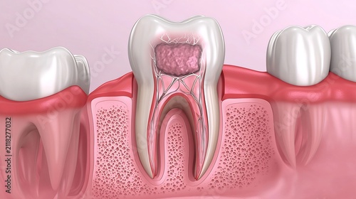 3D Digital Illustration of a Large Cavity and Tooth Decay Inside a Molar Tooth with Cross Section of Gums