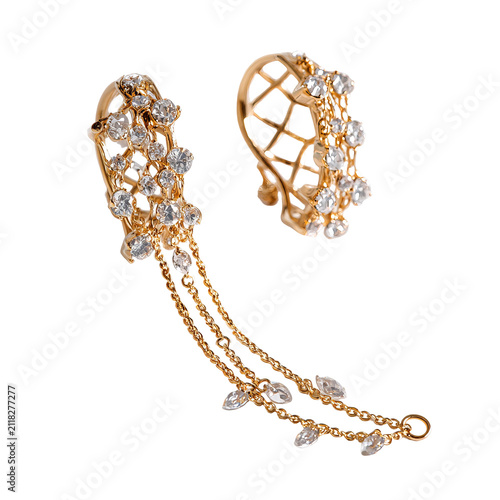 Two elegant, gold-toned ear adornments, featuring multiple sparkling stones and delicate chain details