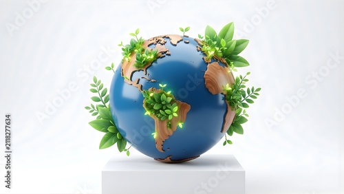 Globe features lush green plants growing on the surface of the planet.