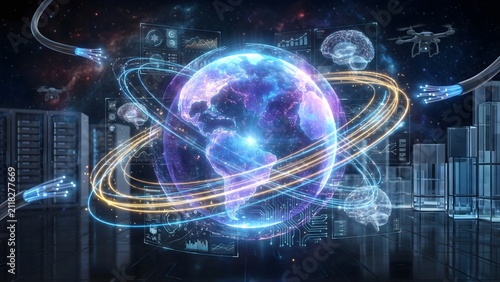 Globe surrounded by digital data streams represents global connectivity.