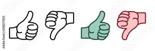 Thumb Up, Thumb Down Line and Silhouette Icon Set. Like and Dislike Pictogram. Social Media Feedback Symbol. Good and Bad Gesture Button Sign Collection. Isolated Vector Illustration.