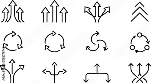 Minimalist black outline arrow icons set for direction, growth, process.
