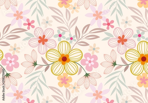 Textile spring flowers pattern. Floral pattern with small flowers in pink, yellow, cream tones. For spring, summer prints, packaging, cute stationery, kitchen decor, fabric design, isolated background