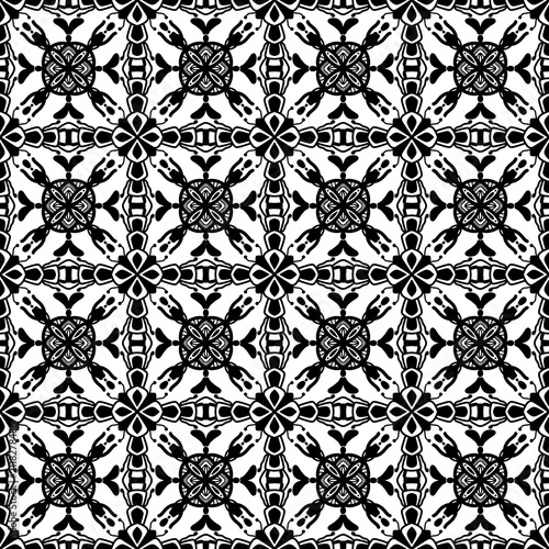 Monochrome lace mandala seamless pattern. Antique black and white ornamental tile background.