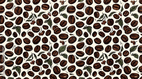 Seamless Pattern of Roasted Coffee Beans and Green Leaves, Ideal for Food and Beverage Packaging and Branding Design