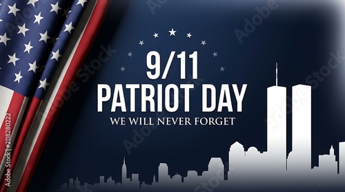 Patriot day memorial 9/11 remembrance with american flag and silhouette of city buildings symbolizing national tragedy and unity we will never forget.
