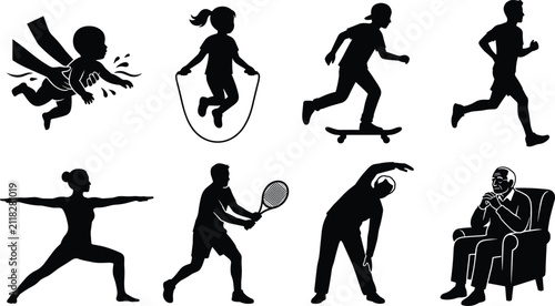 Quadro su tela Black and white icons set depicting life stages sports activities and healthy li