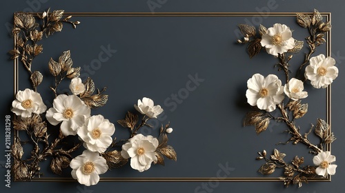 Minimalist 3D dark luxury floral frame design, charcoal gray background, thin gold rectangular border, ornate metallic branches with white flowers and gold leaves, symmetrical elegant arrangement, cen