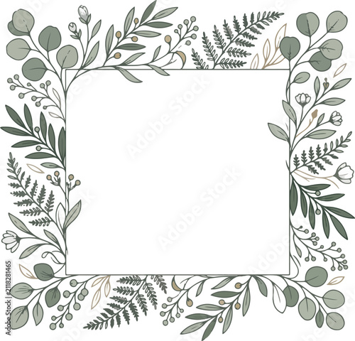 Elegant Hand-Drawn Botanical Square Frame with Sage Green Eucalyptus and Fern Leaves Isolated on White Background for 2026 Design Trends