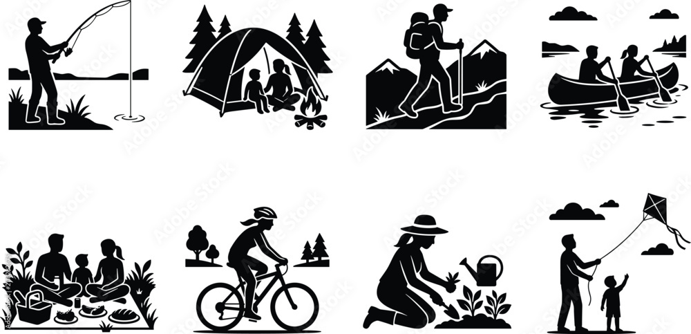Obraz premium Black and white outdoor recreation and camping icons set depicting nature adventure and leisure activities