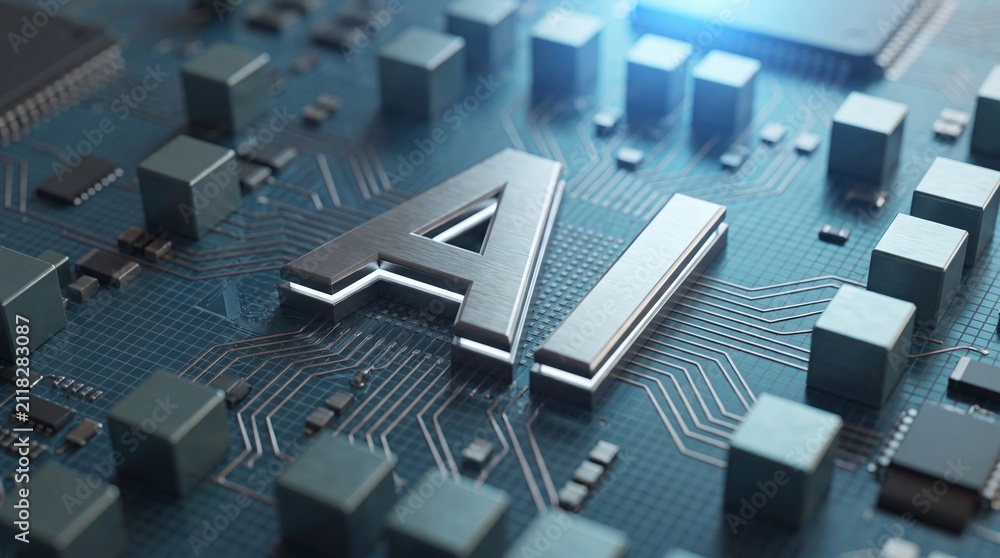Fototapeta premium Artificial intelligence text on a circuit board. Futuristic AI technology and microchip concept.