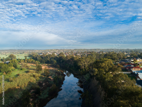 Aerial view of houses in Hunterview overlooking hunter river in Singleton