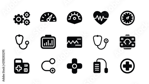 Set of 15 Black and White Medical Healthcare Icons Vector