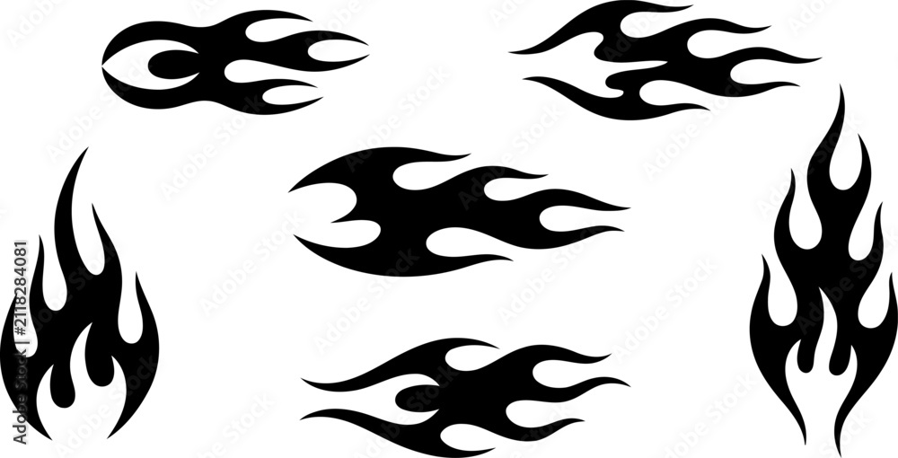 Fototapeta premium Group of Seven Black Tribal Flame with Diverse Forms and Stylized Flames fire symbol.