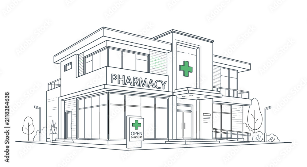 Fototapeta premium Modern commercial building design featuring a prominent pharmacy facade with clean lines and large glass windows
