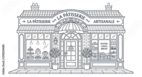 Detailed architectural drawing of a charming French bakery storefront with windows displaying pastries and breads