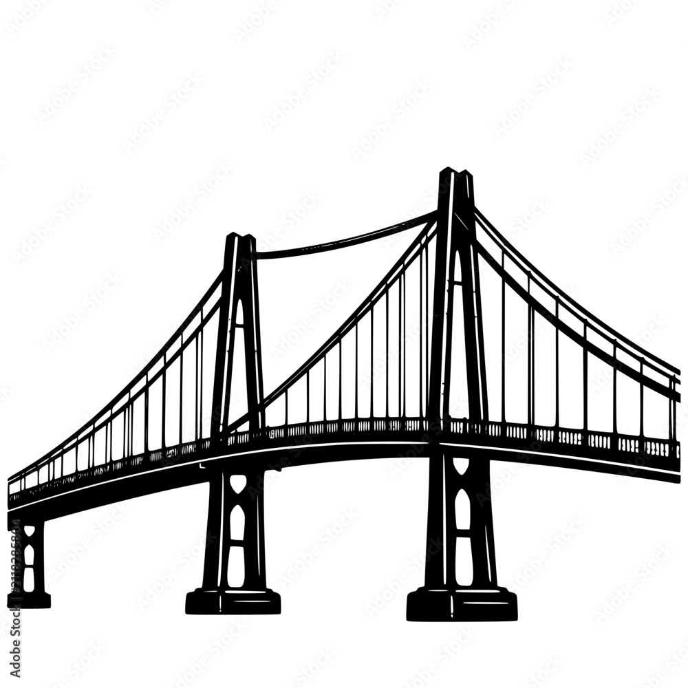 Fototapeta premium Elegant suspension bridge silhouette, a professional vector graphic showcasing bridge engineering and urban infrastructure.