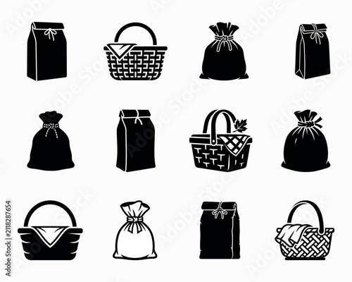 Gift Bag and Picnic Basket Icons Set Packaging Vector Collection Bundle