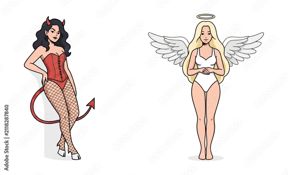 Obraz premium Confident Pinup Devil Woman in Red Lingerie Stands Beside Serene Angel Woman with Wings and Halo Illustration