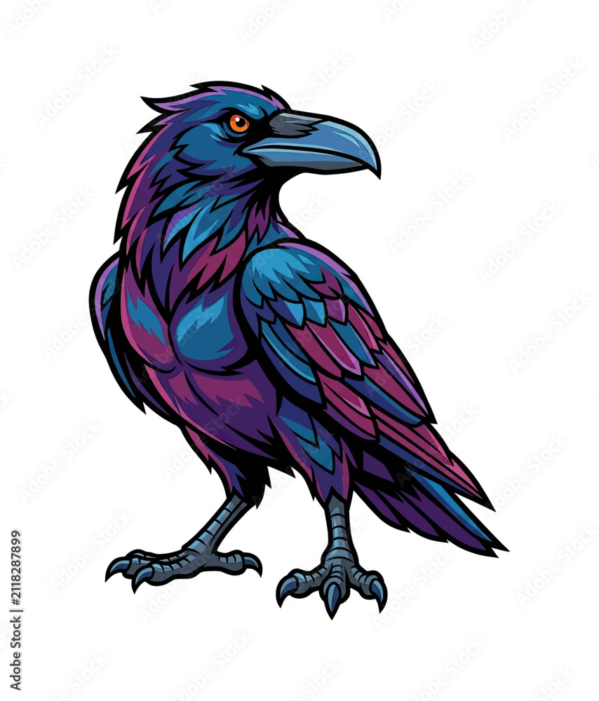Obraz premium Vibrant Stylish Raven Standing with Intense Orange Eyes Detailed Colorful Illustration Vector Art