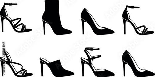 Vector set of eight elegant black silhouettes of women high heel shoes boots and strappy sandals